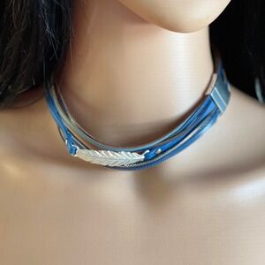 Blue Layered Choker‎ Necklace Silver Feather Charm Boho Chic Wrap Bracelet